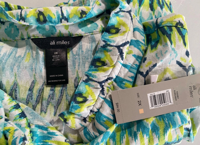 NEW Plus Size 2X Ali Miles Printed Linen Button Front Shirt  3/4 Cuffed Sleeve