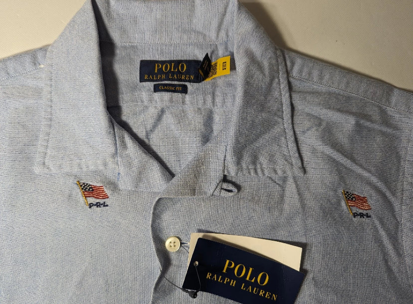 NEW- Mens Size S Polo Ralph Lauren Americana Flag Button Front Shirt Cotton Blue