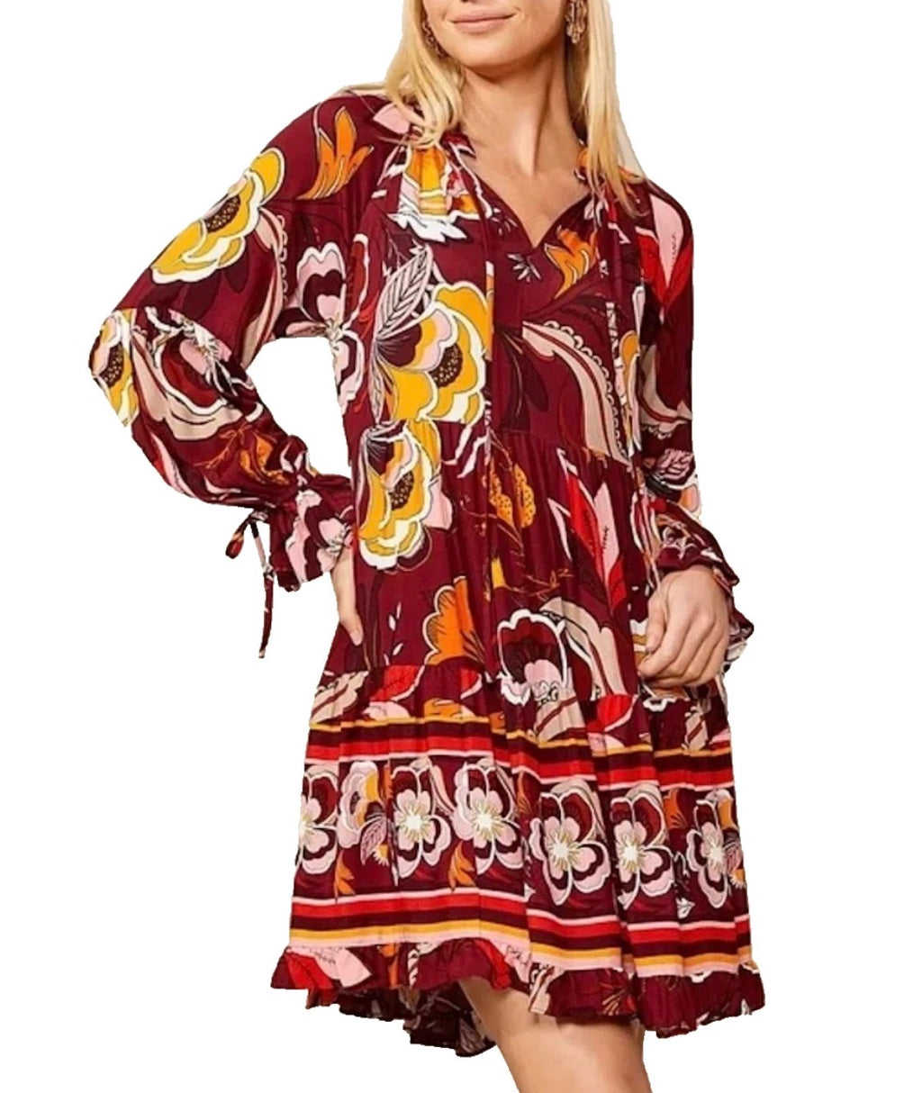 NEW Size M Womens Gibson & Latimer  Long Sleeve Burgundy Floral  Dress $99