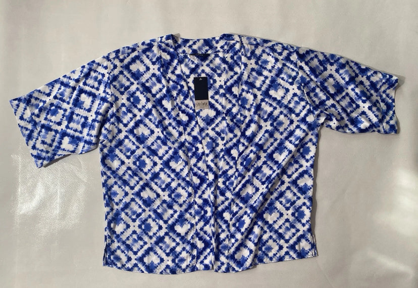 NEW Plus Sz 2X Slim Factor Investments Royal Tie Dye Open 3/4 Sleev Kimono $90