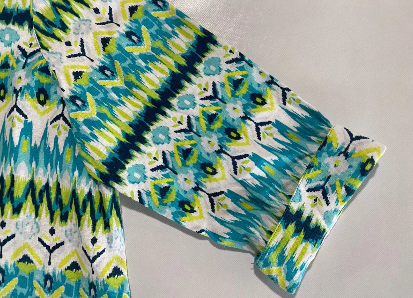 NEW Plus Size 2X Ali Miles Printed Linen Button Front Shirt  3/4 Cuffed Sleeve