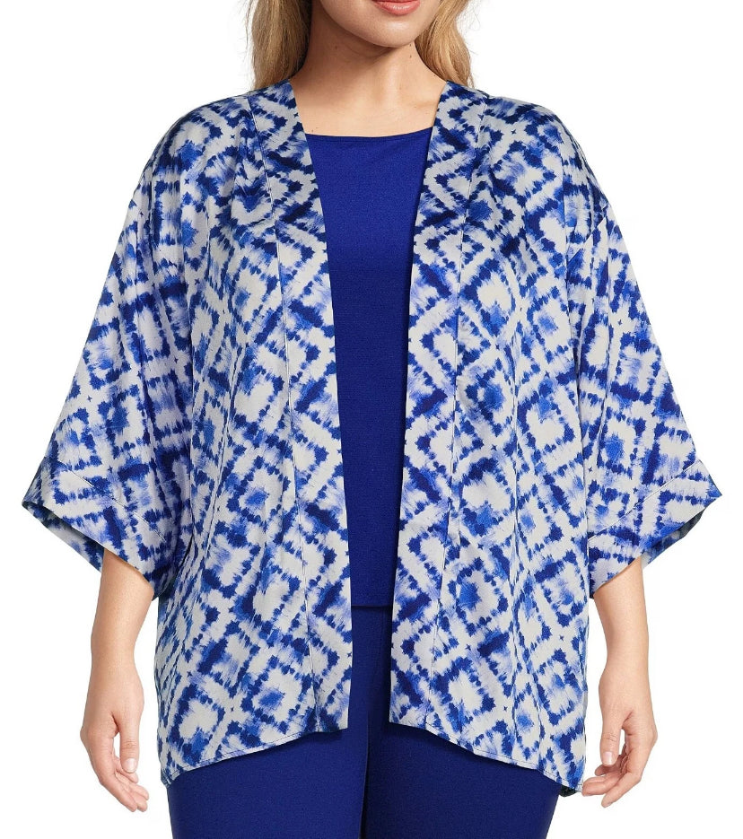 NEW Plus Sz 2X Slim Factor Investments Royal Tie Dye Open 3/4 Sleev Kimono $90