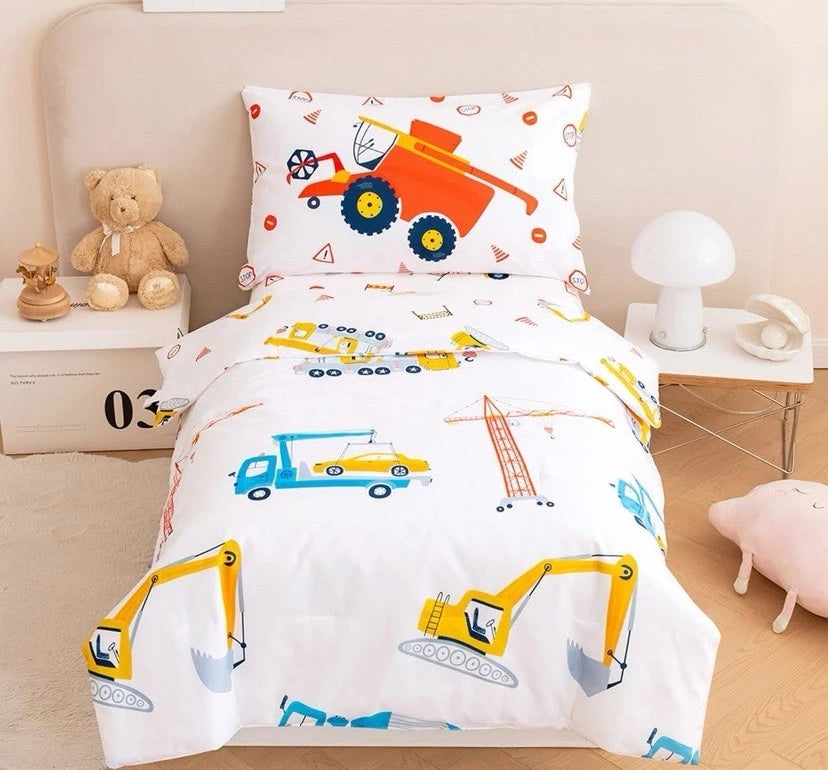 NEW- Perfemet 4 Piece Construction Toddler Bedding Set Excavator Truck Boy