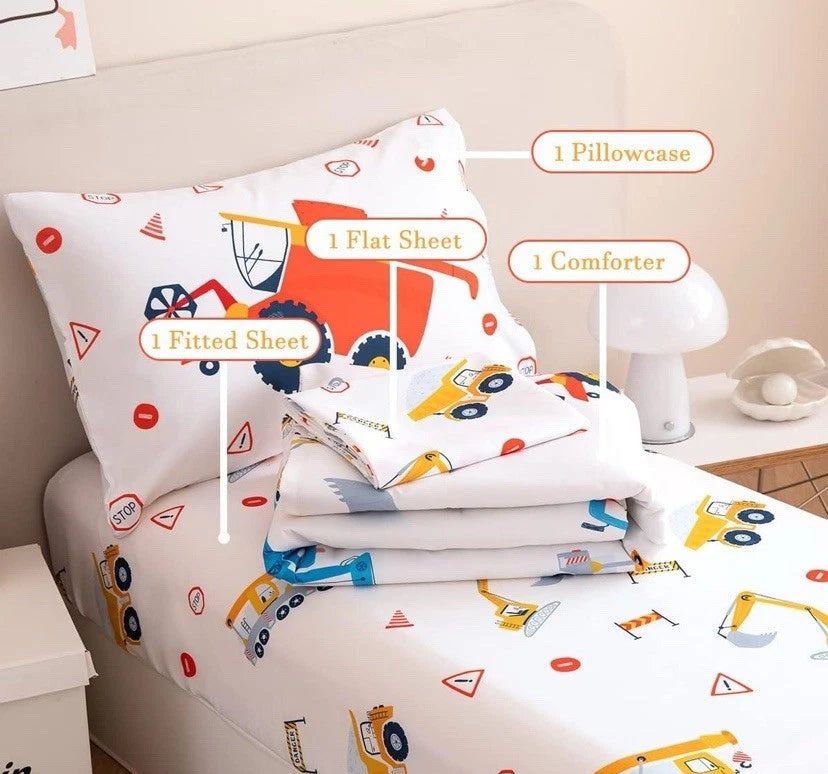 NEW- Perfemet 4 Piece Construction Toddler Bedding Set Excavator Truck Boy