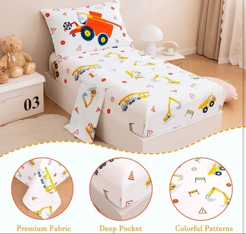 NEW- Perfemet 4 Piece Construction Toddler Bedding Set Excavator Truck Boy