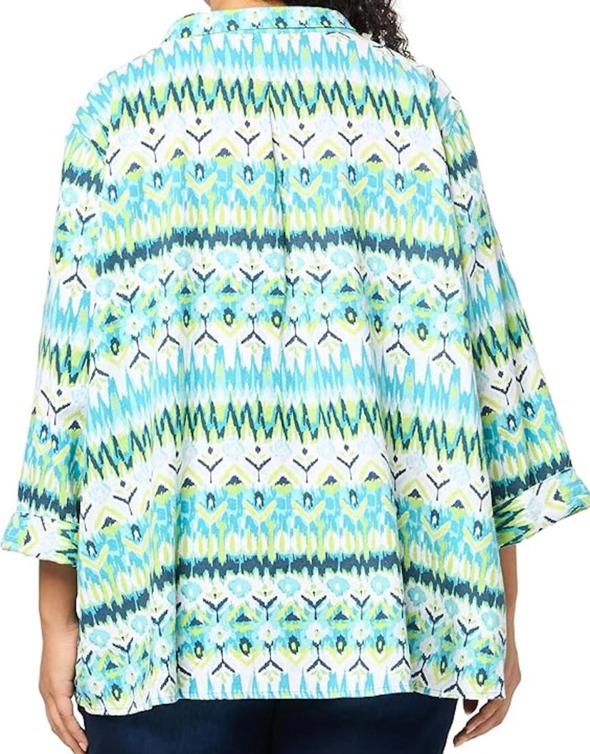 NEW Plus Size 1X Ali Miles Printed Linen Button Front Shirt  3/4 Cuffed Sleeve