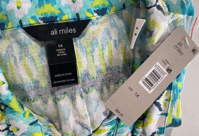NEW Plus Size 1X Ali Miles Printed Linen Button Front Shirt  3/4 Cuffed Sleeve