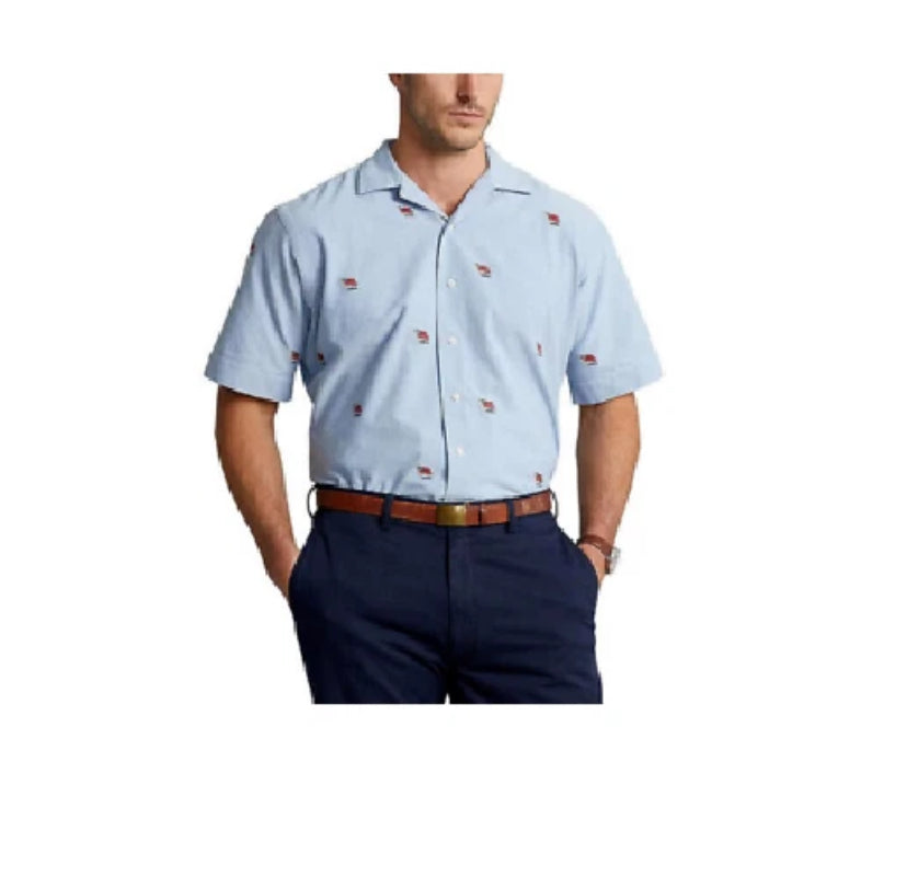 NEW- Mens Size S Polo Ralph Lauren Americana Flag Button Front Shirt Cotton Blue