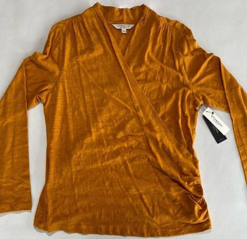 NEW Size L Womens Liverpool Los Angeles Faux Wrap Top Blouse Shirt Rich Gold $59