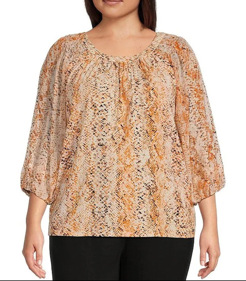 NEW Plus Size 3X Calvin Klein Snakeskin Scoop Neck 3/4 Raglan Sleeve Blouse $80