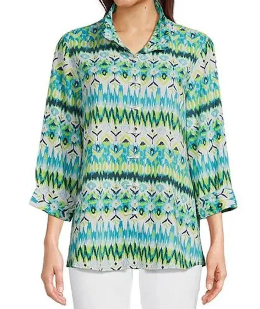 NEW Plus Size 1X Ali Miles Printed Linen Button Front Shirt  3/4 Cuffed Sleeve