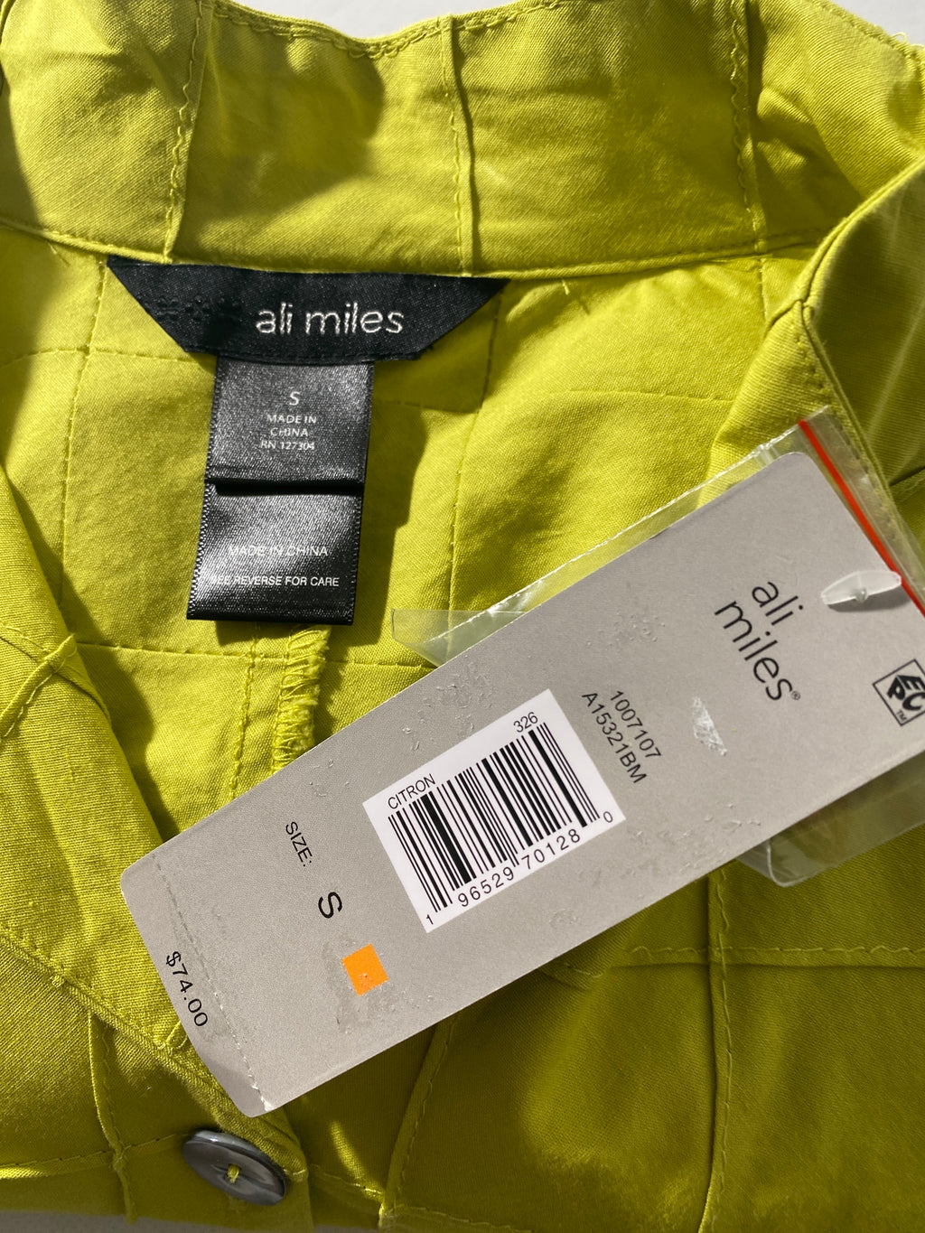 NEW Size S Ali Miles Wire Collar 3/4 Sleeve Button Front Tunic Citron Blouse