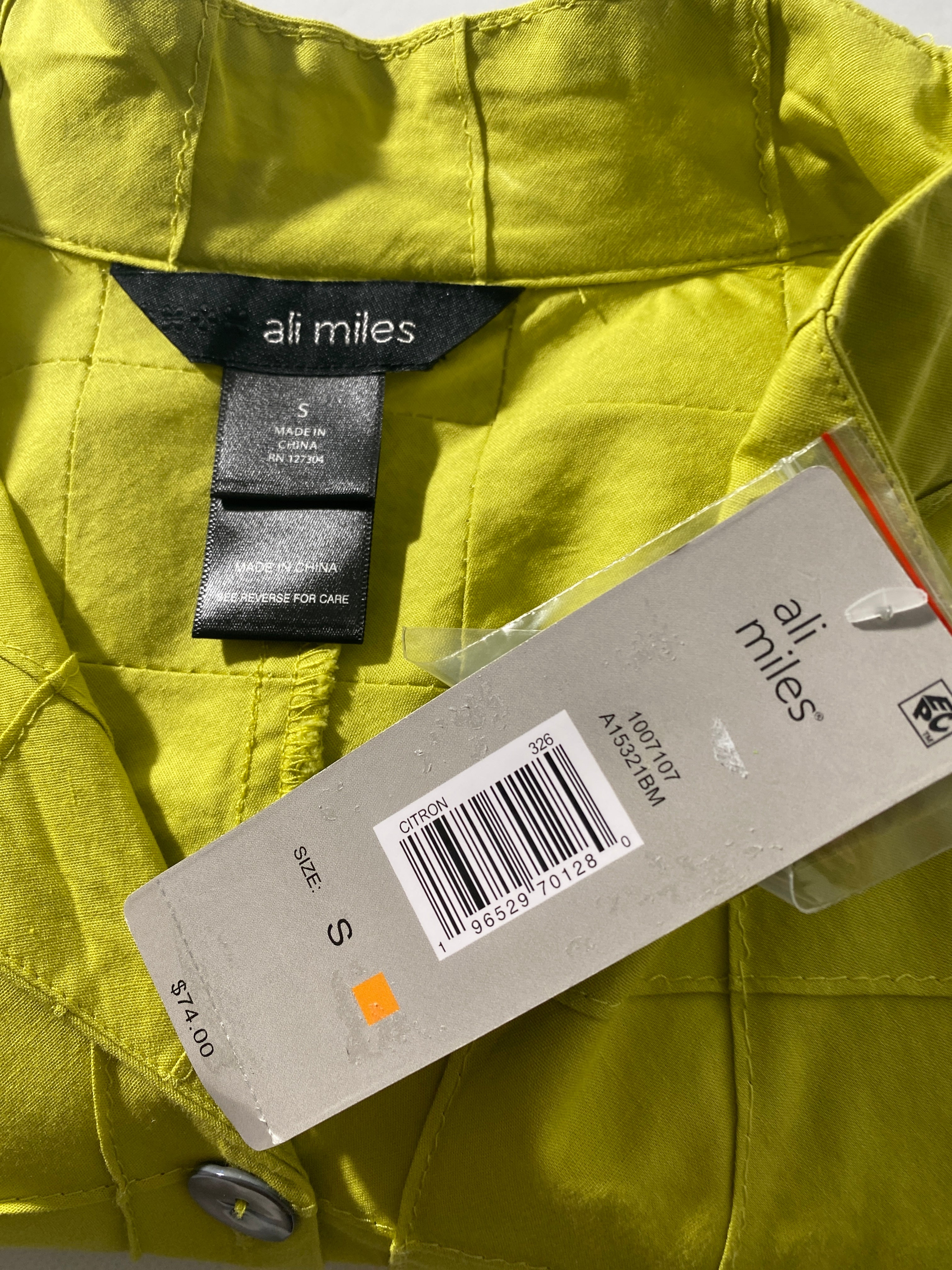 NEW Size S Ali Miles Wire Collar 3/4 Sleeve Button Front Tunic Citron Blouse