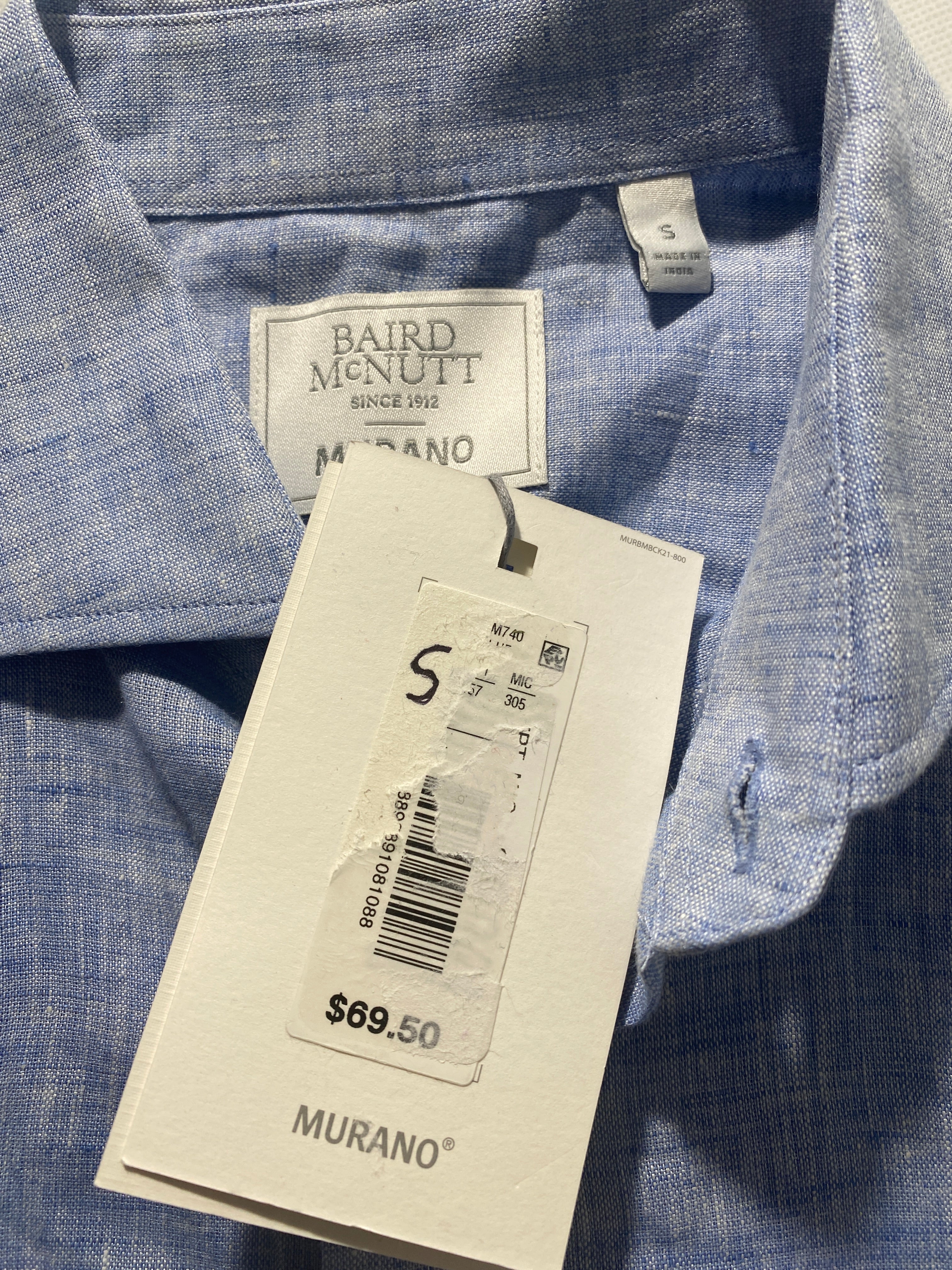 NEW Size S Mens Murano Short Sleeve Button Down Shirt Baird McNutt Linen Blue