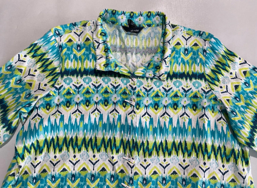 NEW Plus Size 2X Ali Miles Printed Linen Button Front Shirt  3/4 Cuffed Sleeve