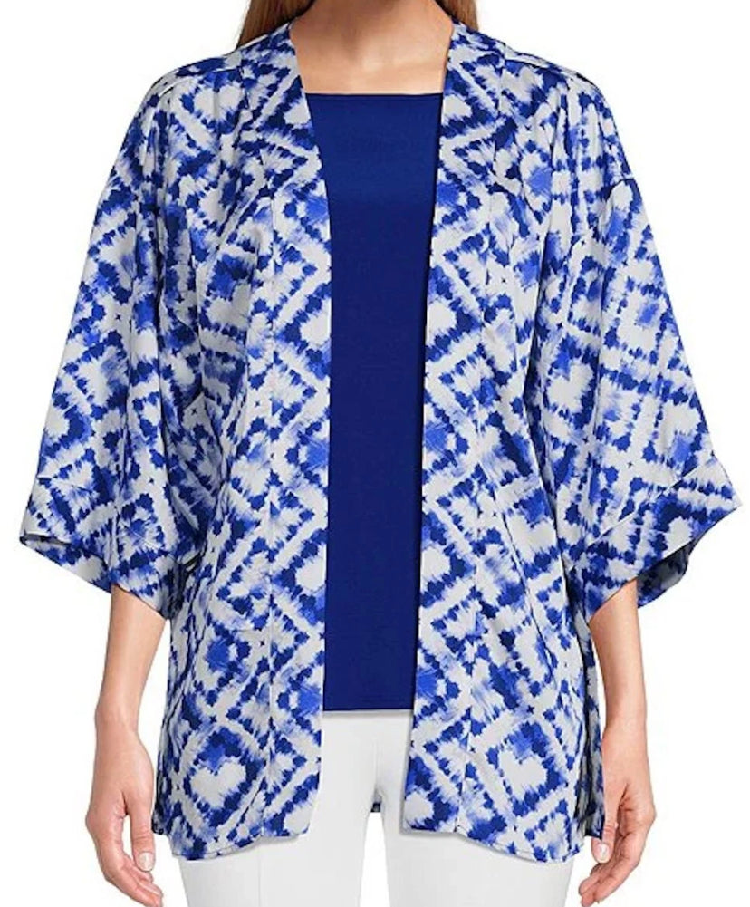NEW Size S Slim Factor Investments Royal Tie Dye Open 3/4 Sleev Kimono $79