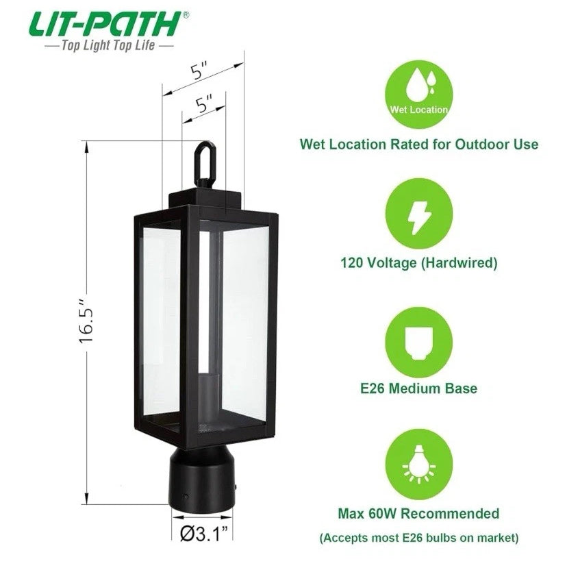 NEW- Lit-Path Outdoor Post Lighting Light Fixture E26 Base Matte Black
