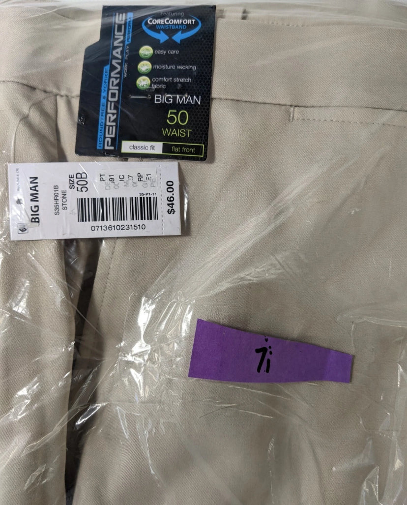NEW Size 50 Big Mens Roundtree & Yorke Performance Chino Flat Shorts 7"I Stone