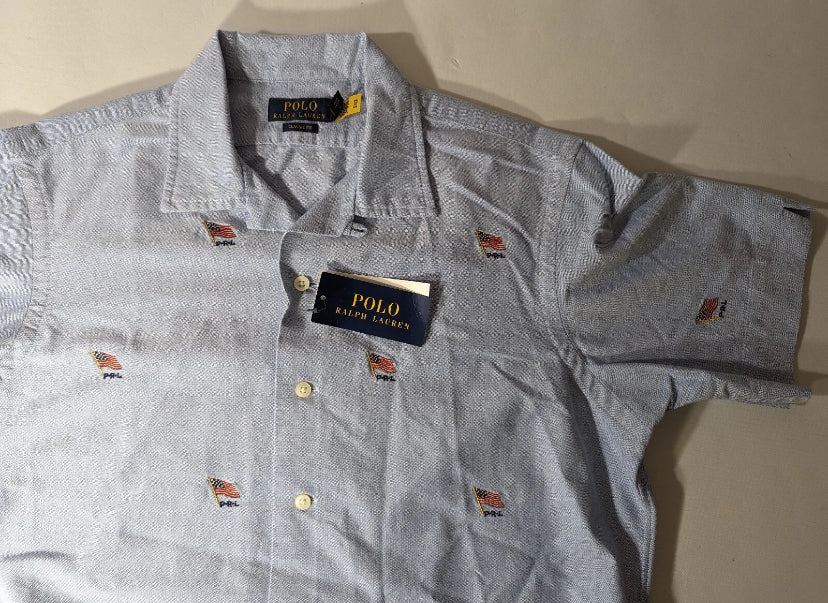 NEW- Mens Size S Polo Ralph Lauren Americana Flag Button Front Shirt Cotton Blue