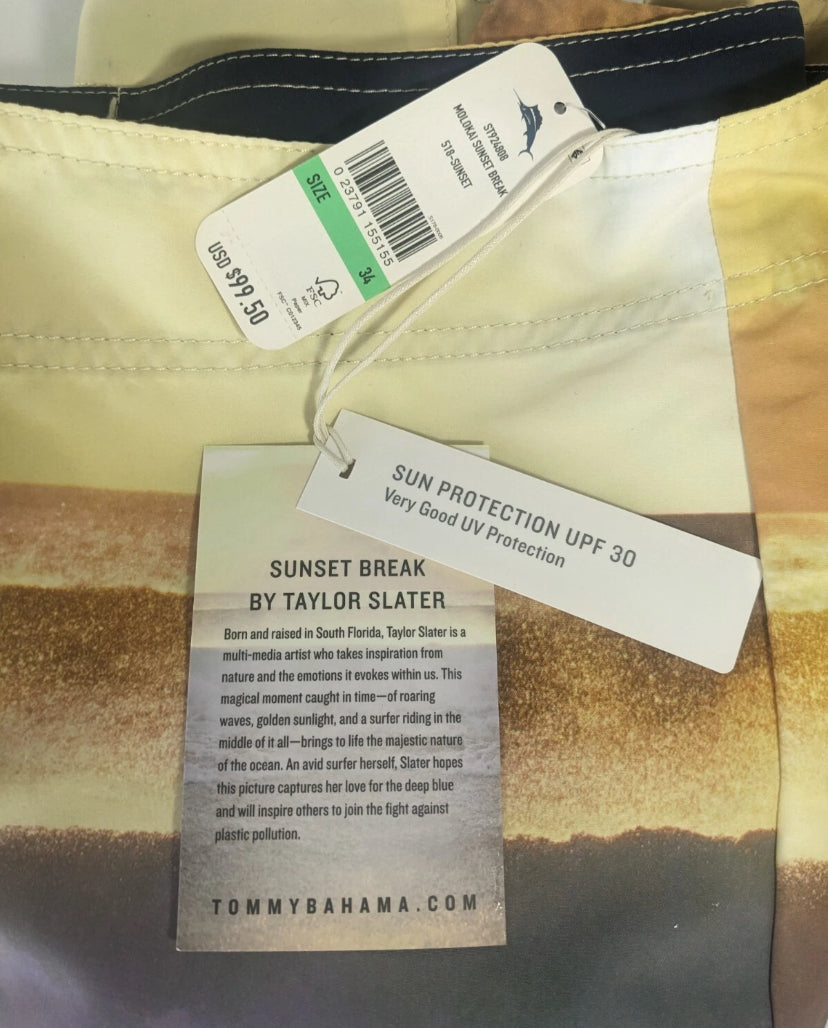 NEW SIZE 34 Mens Tommy Bahama Boardshorts Molokai Sunset Break 9"I UPF 30 Yellow
