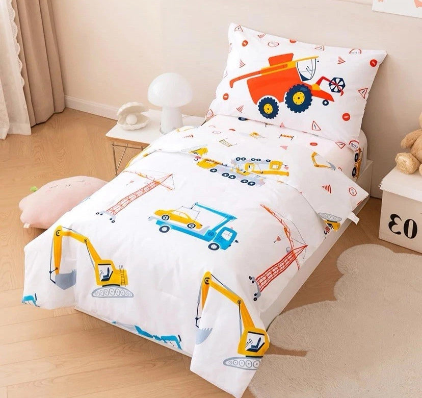 NEW- Perfemet 4 Piece Construction Toddler Bedding Set Excavator Truck Boy