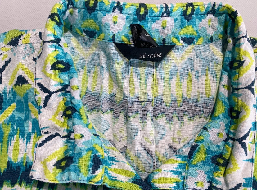NEW Plus Size 2X Ali Miles Printed Linen Button Front Shirt  3/4 Cuffed Sleeve