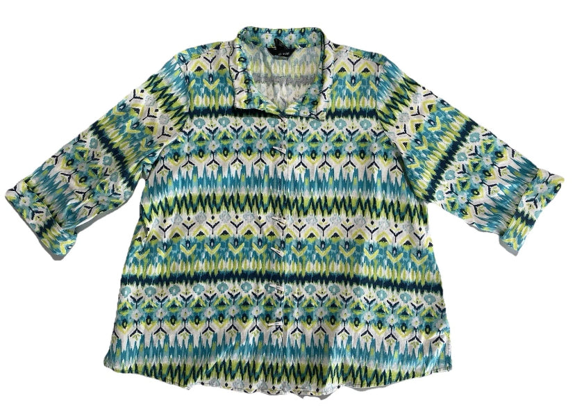 NEW Plus Size 1X Ali Miles Printed Linen Button Front Shirt  3/4 Cuffed Sleeve