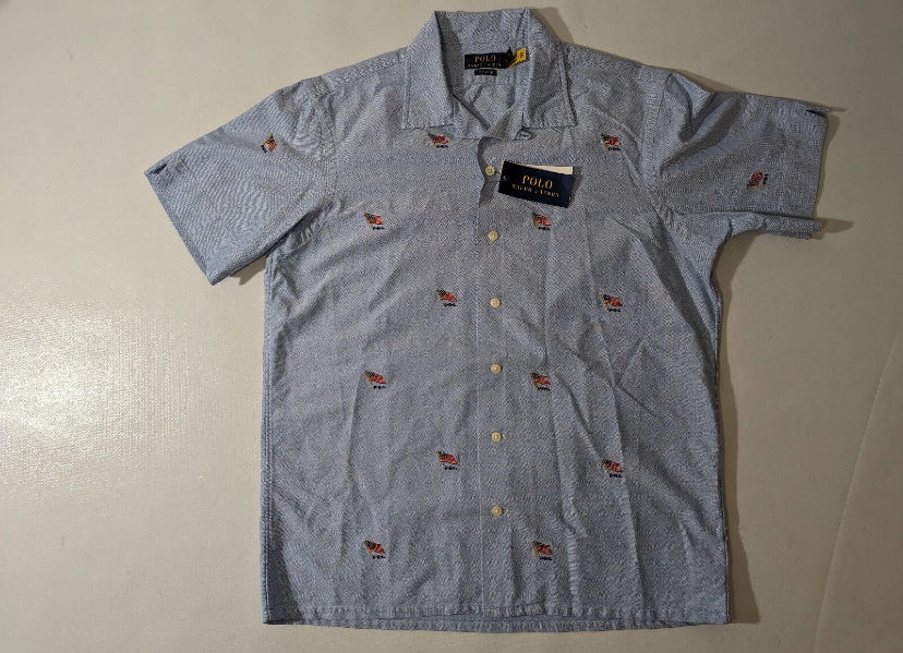 NEW- Mens Size S Polo Ralph Lauren Americana Flag Button Front Shirt Cotton Blue