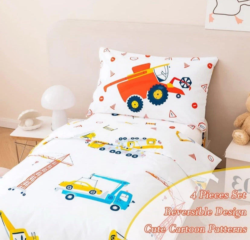 NEW- Perfemet 4 Piece Construction Toddler Bedding Set Excavator Truck Boy