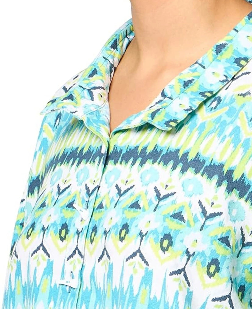 NEW Plus Size 2X Ali Miles Printed Linen Button Front Shirt  3/4 Cuffed Sleeve