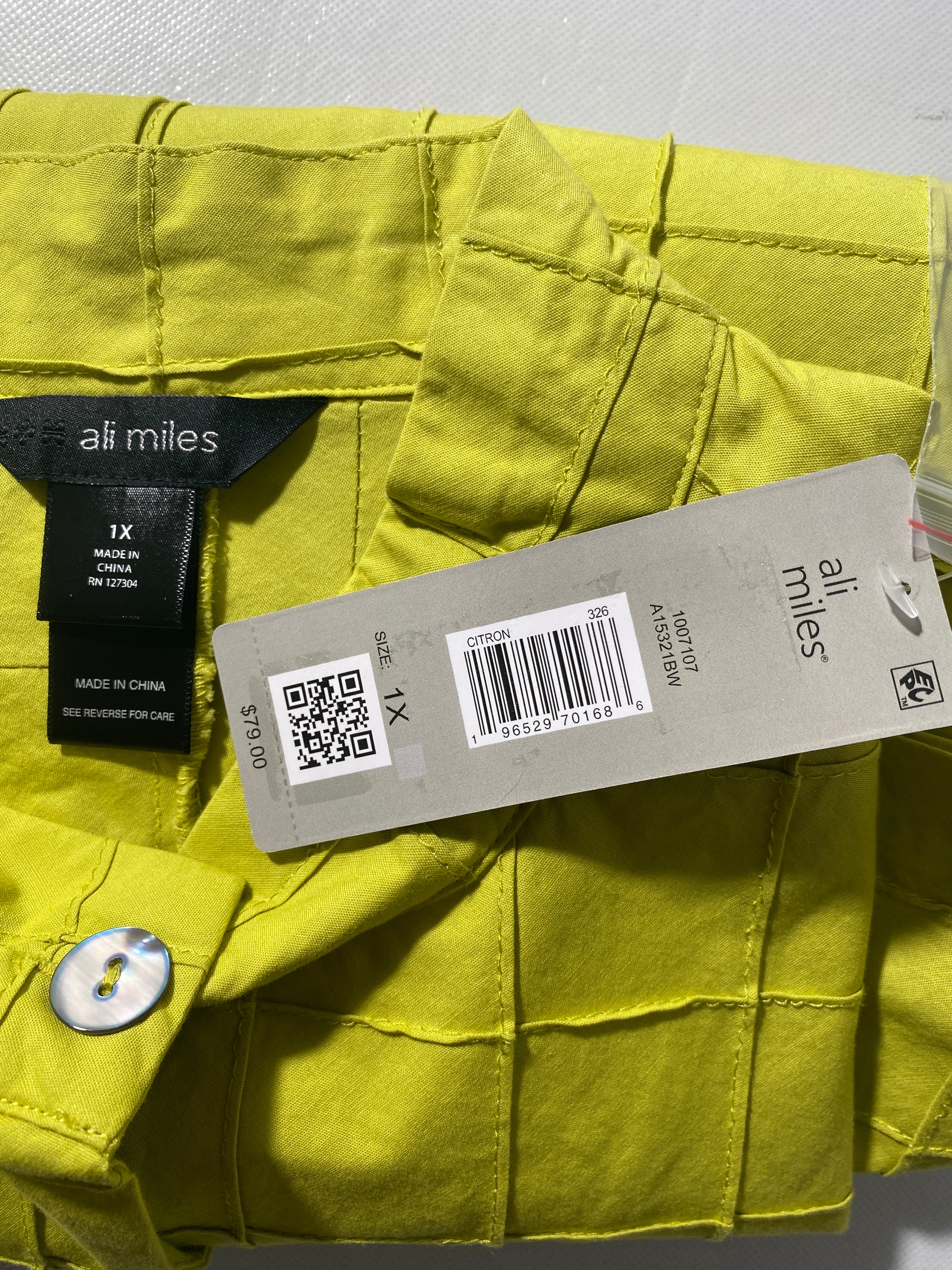 NEW Plus Sz 1X Ali Miles Wire Collar 3/4 Sleeve Button Front Tunic Citron Blouse
