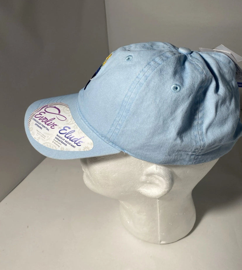 New - Womens Infinity For Her Flower Adjustable Hat Ponytail Opening Baby Blue