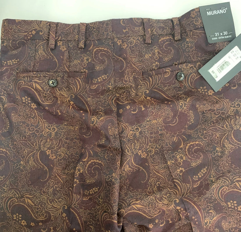 NEW 31 x 30 Men's Murano Evan  Slim Fit Dress Pants Burgandy Paisley MSRP $98