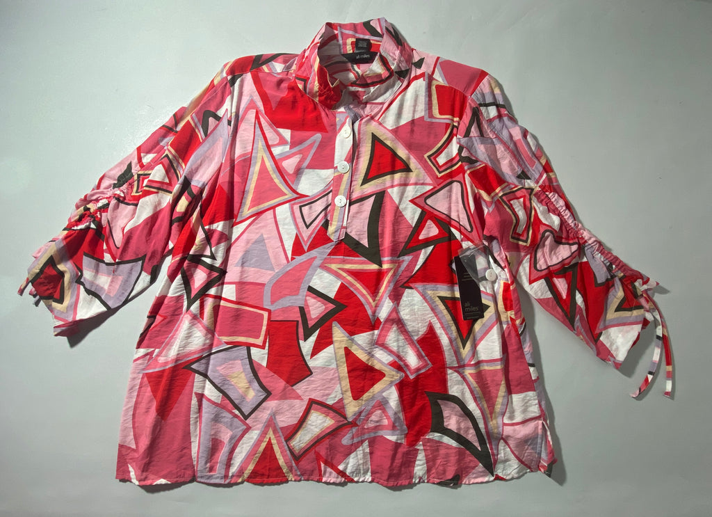 NEW Plus Size Ali Miles Geometric 3/4 Sleeve Wire Collar Red Pink Blouse $74