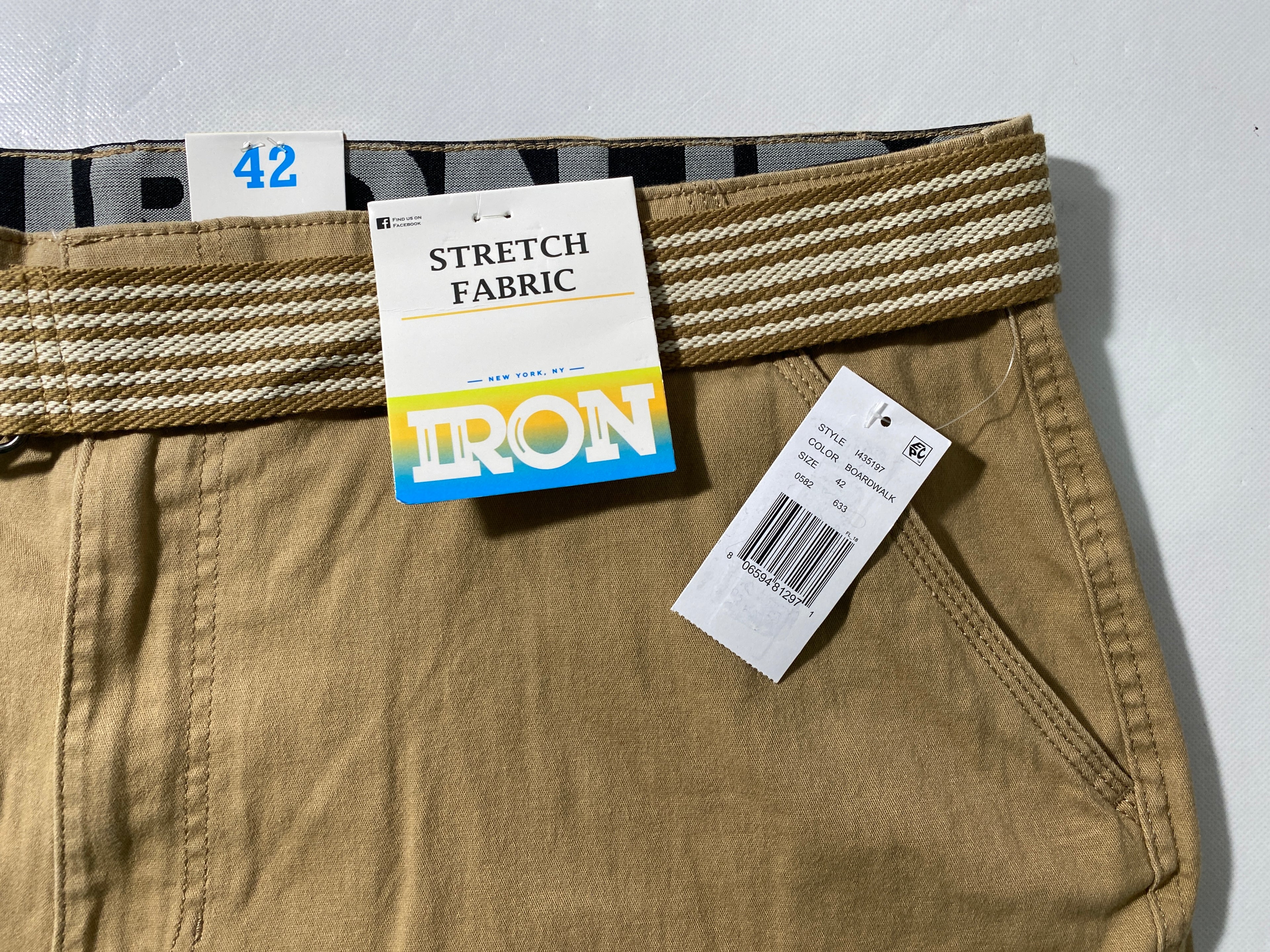 NEW Mens Size 42 Iron Co. Cargo Short Cotton Blend 9"I W/ Cloth Belt Boardwalk