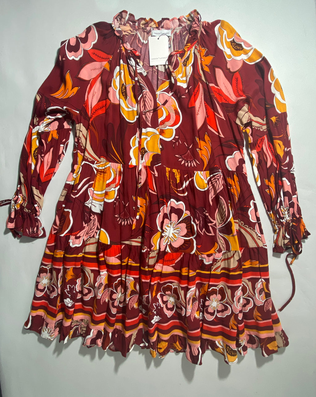 NEW Size M Womens Gibson & Latimer  Long Sleeve Burgundy Floral  Dress $99