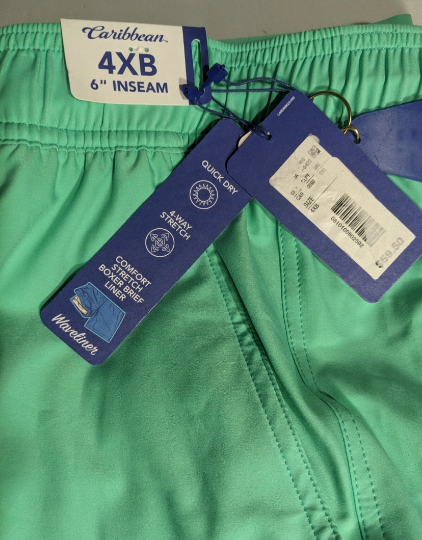 NEW Big Mens 4XB Roundtree & Yorke Caribbean Swim Trunks Quick Dry 6"I Aqua
