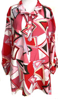 NEW Plus Size Ali Miles Geometric 3/4 Sleeve Wire Collar Red Pink Blouse $74
