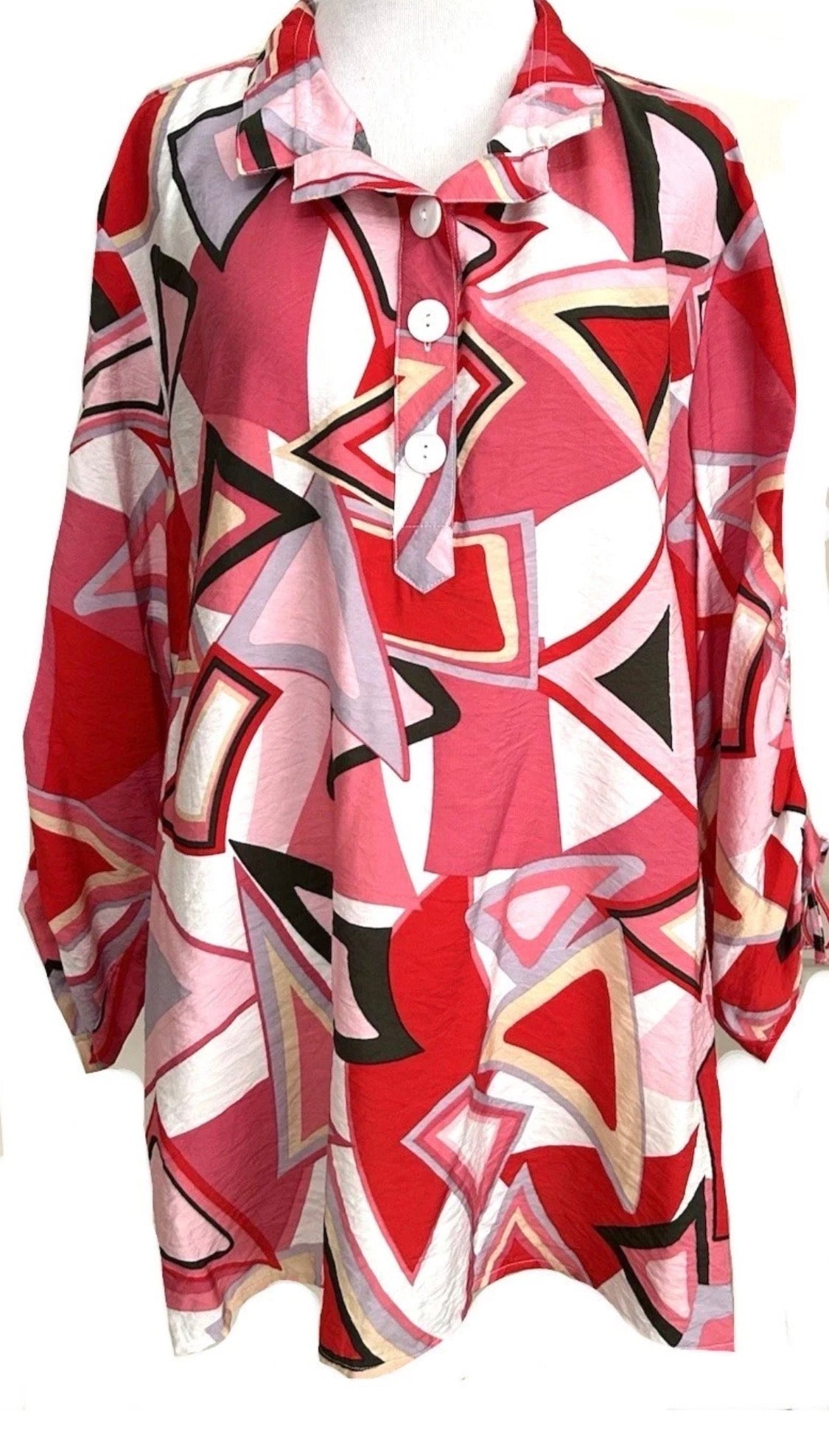 NEW Plus Size Ali Miles Geometric 3/4 Sleeve Wire Collar Red Pink Blouse $74