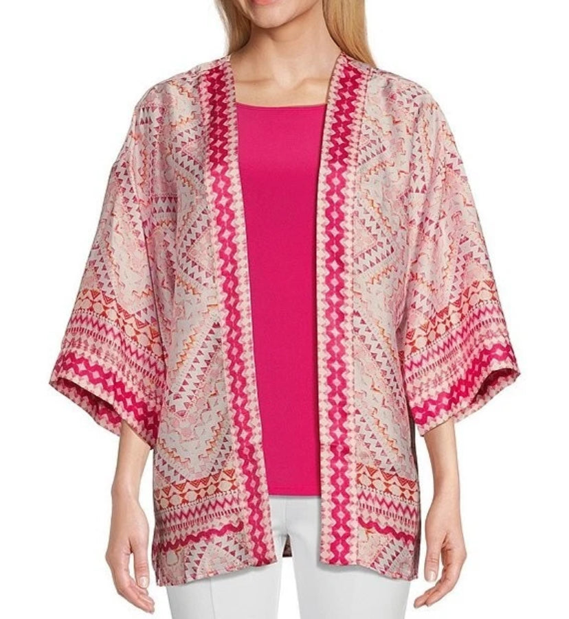 NEW Plus Size 2X Slim Factor Investments Mosaic Open Front 3/4 Sleev Kimono $90