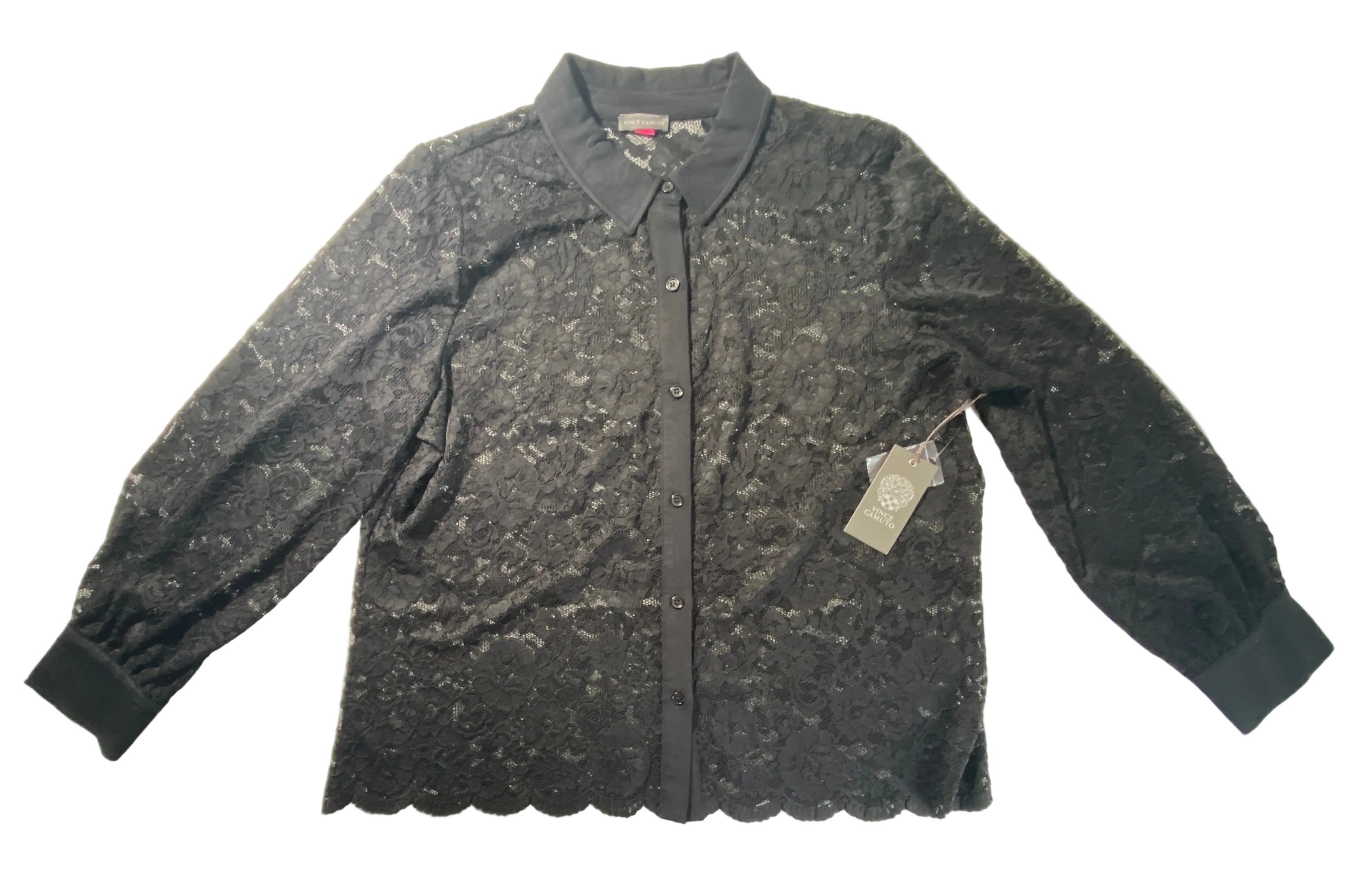 NEW Plus Size 1X Vince Camuto Black Floral Lace Button Front Black Blouse $109
