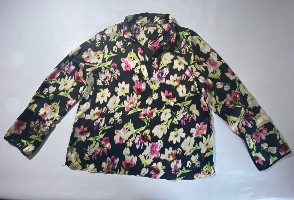 NEW Women's Size L Vince Camuto Paradise Chic Black Floral-Print Blouse $89