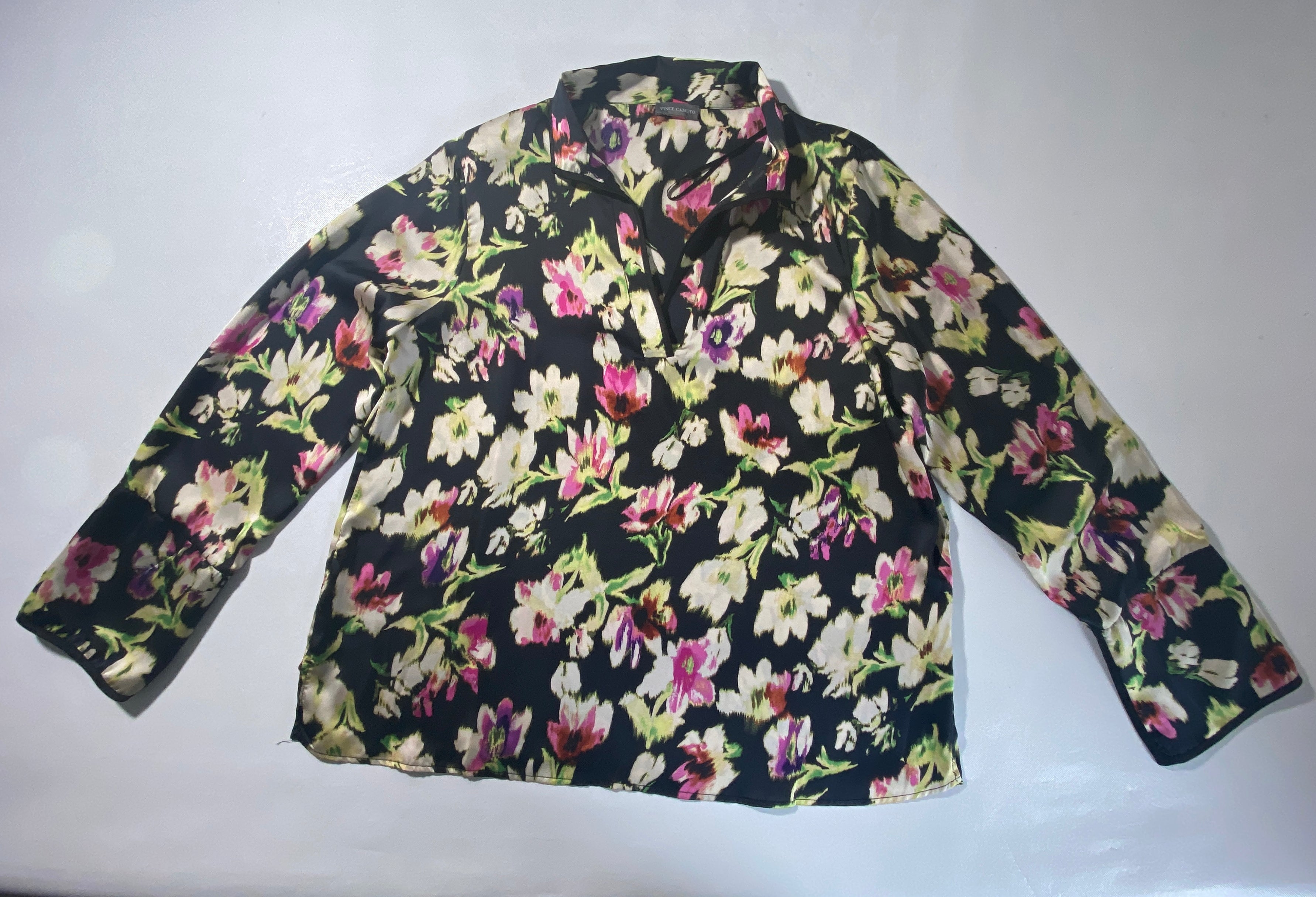 NEW Women's Size L Vince Camuto Paradise Chic Black Floral-Print Blouse $89