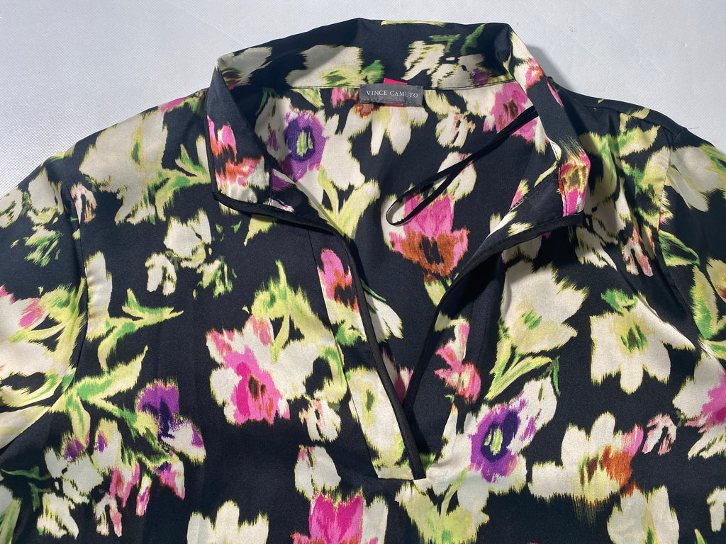 NEW Women's Size L Vince Camuto Paradise Chic Black Floral-Print Blouse $89