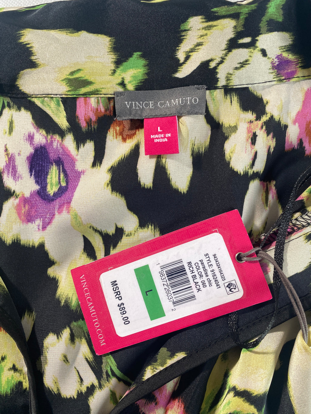 NEW Women's Size L Vince Camuto Paradise Chic Black Floral-Print Blouse $89