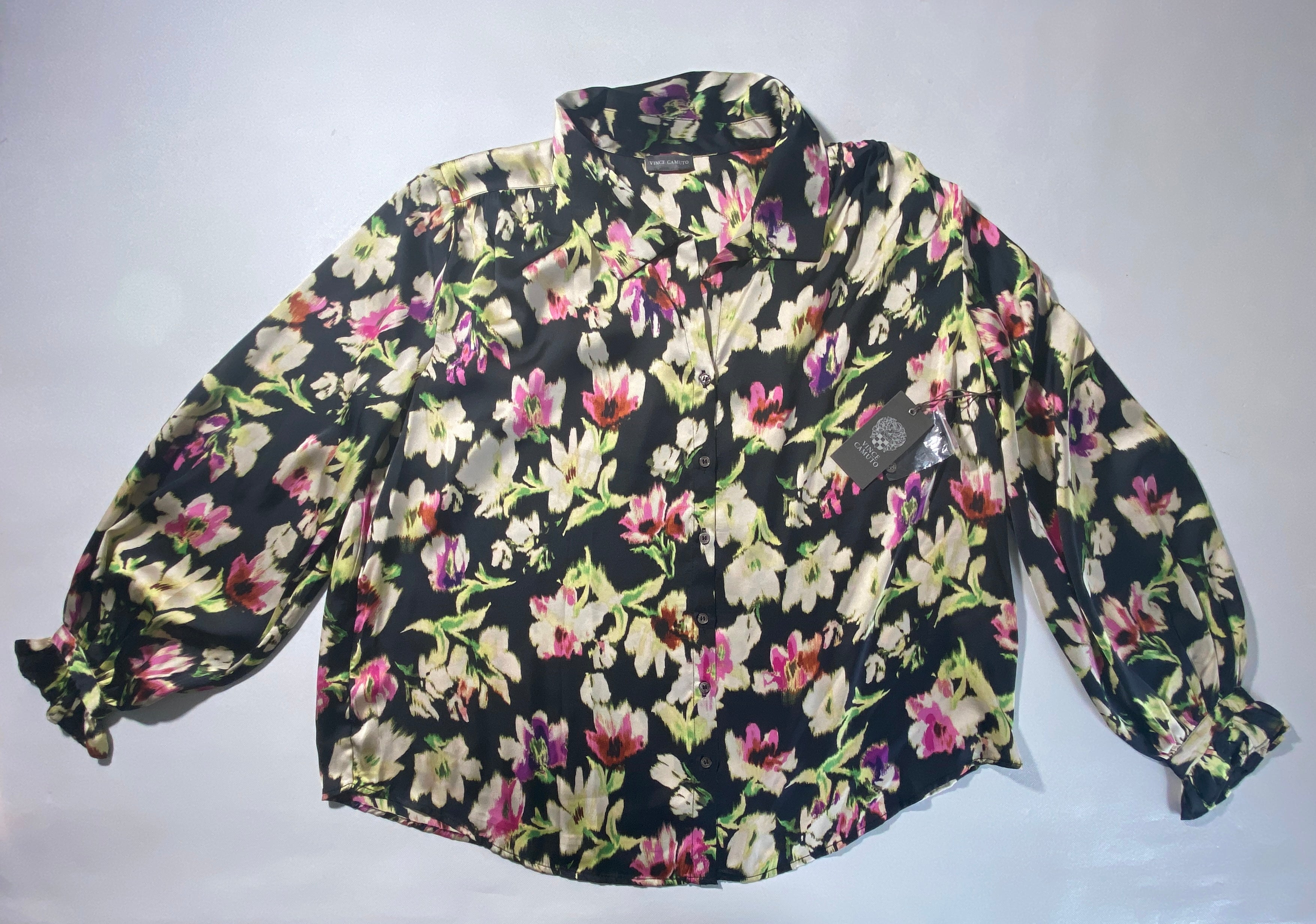 NEW Plus Size 1X Vince Camuto Paradise Chic Black Floral Button Front Blouse $99