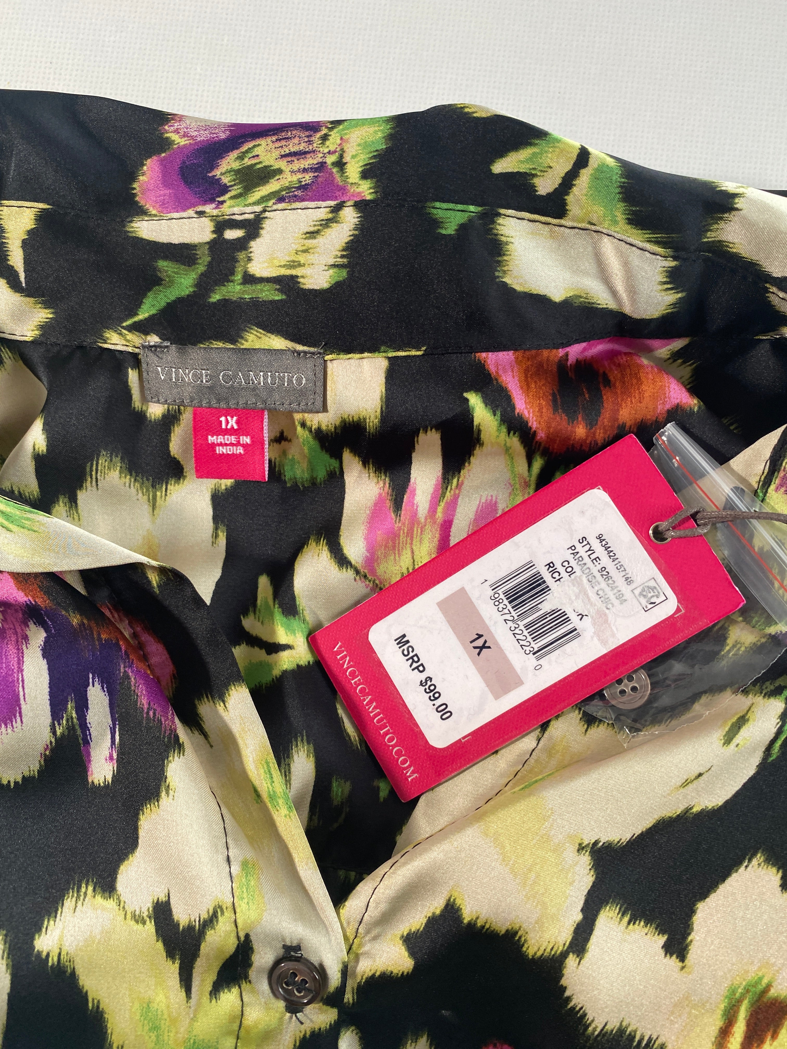 NEW Plus Size 1X Vince Camuto Paradise Chic Black Floral Button Front Blouse $99