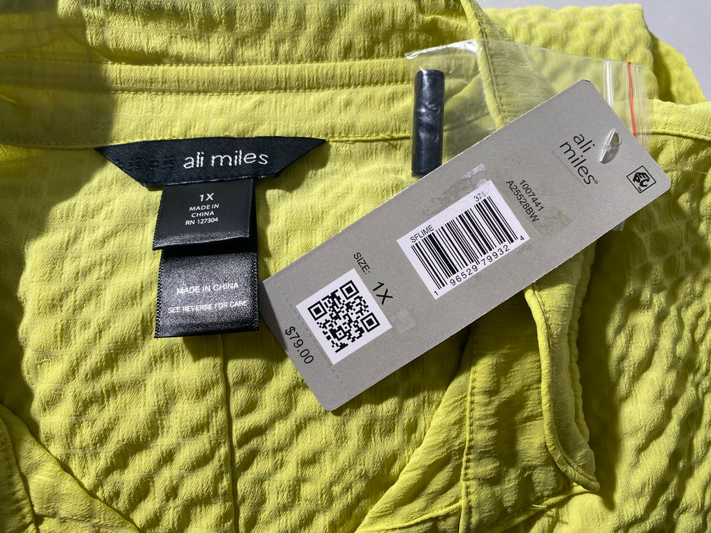NEW Plus Size 1X Ali Miles Lime Green Textured Button Front Blouse Polyester $79