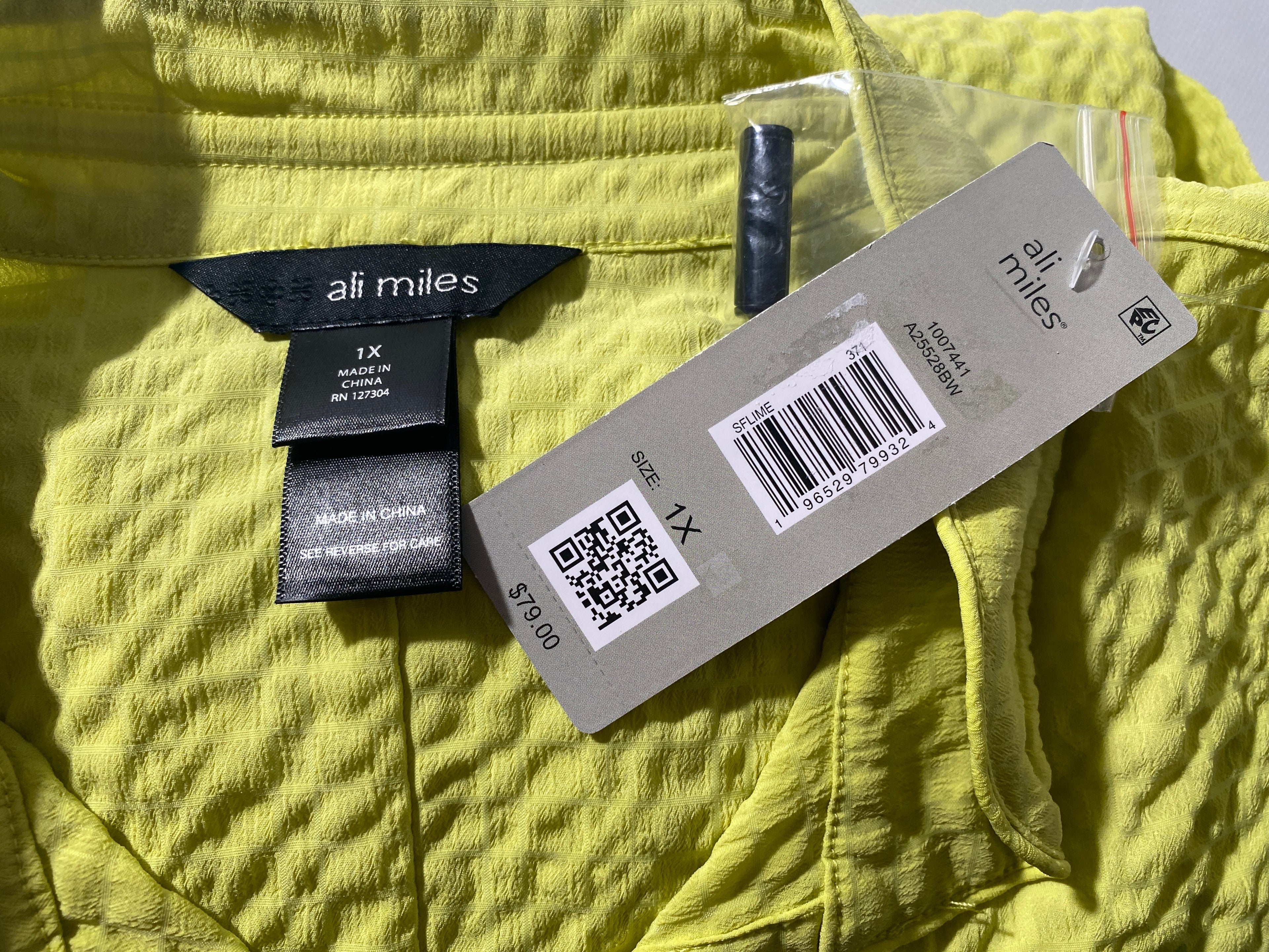 NEW Plus Size 1X Ali Miles Lime Green Textured Button Front Blouse Polyester $79