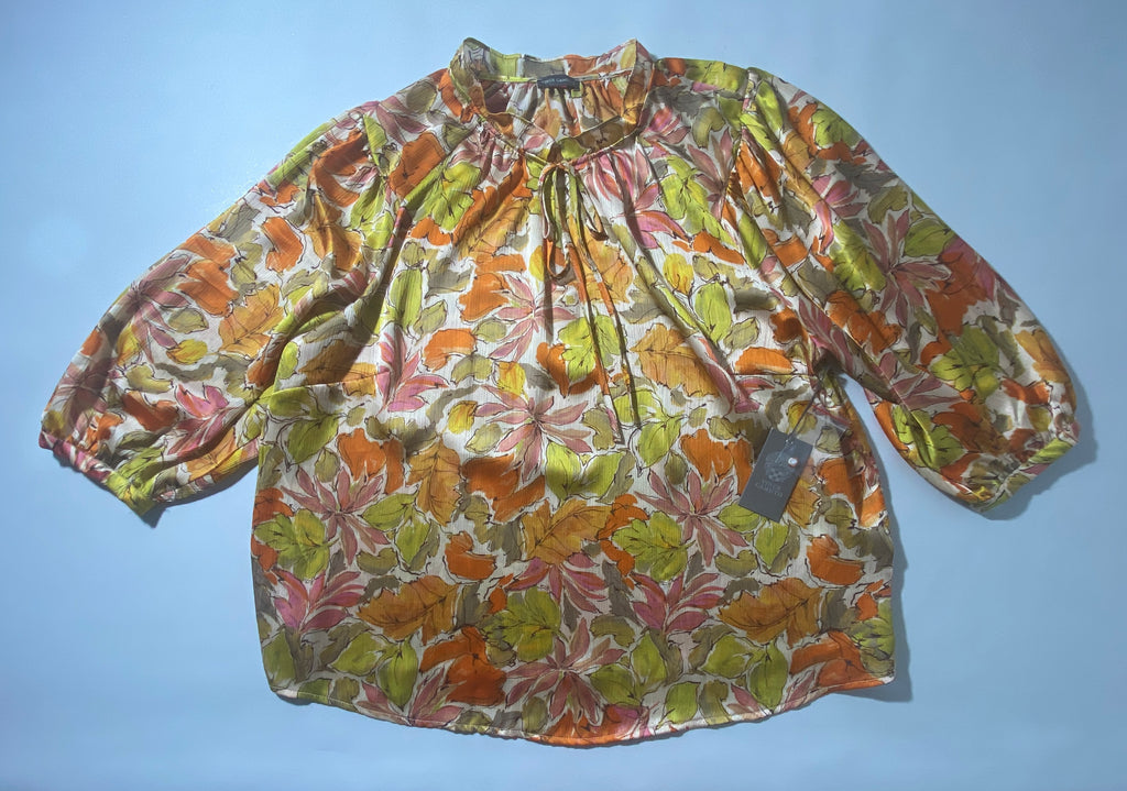 NEW Plus Size 1X Vince Camuto Split Tie Neck 3/4 Sleeve Orange Multi Blouse $89